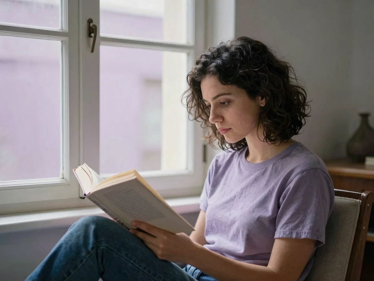 Primer plano documental de una persona leyendo un libro junto a u